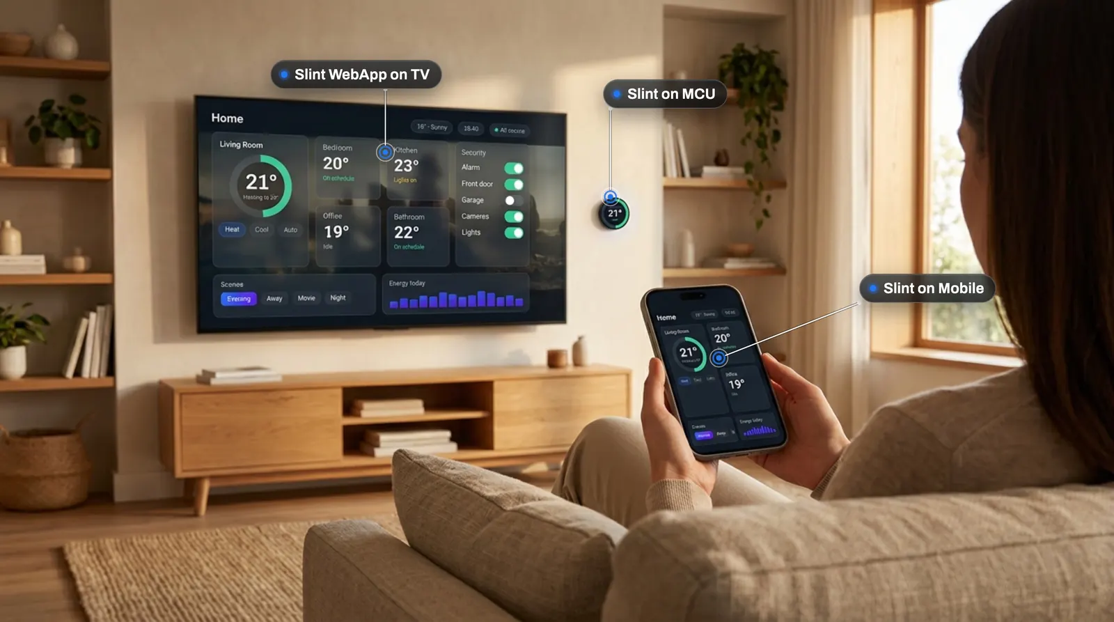 One Slint smart-home app on a wall thermostat, a TV and a phone