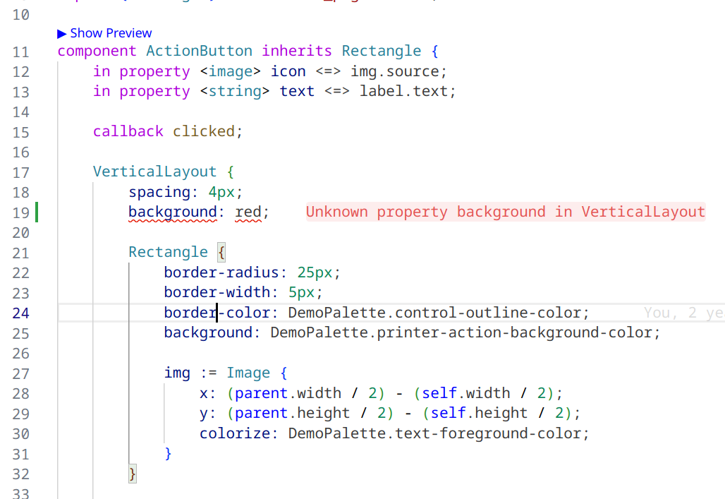 The Slint compiler reporting an error in a .slint file
