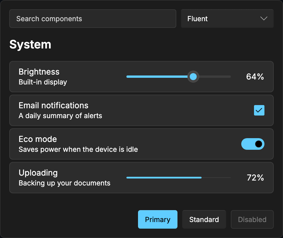 A Fluent settings pane: a search field and a style picker above a System page, with a slider for brightness, a checkbox for email notifications, a switch for eco mode and a progress bar for an upload, then primary, standard and disabled buttons.