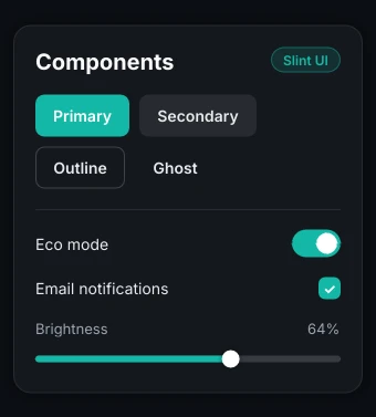 A custom component set: primary, secondary, outline and ghost buttons, a switch, a checkbox and a brightness slider.