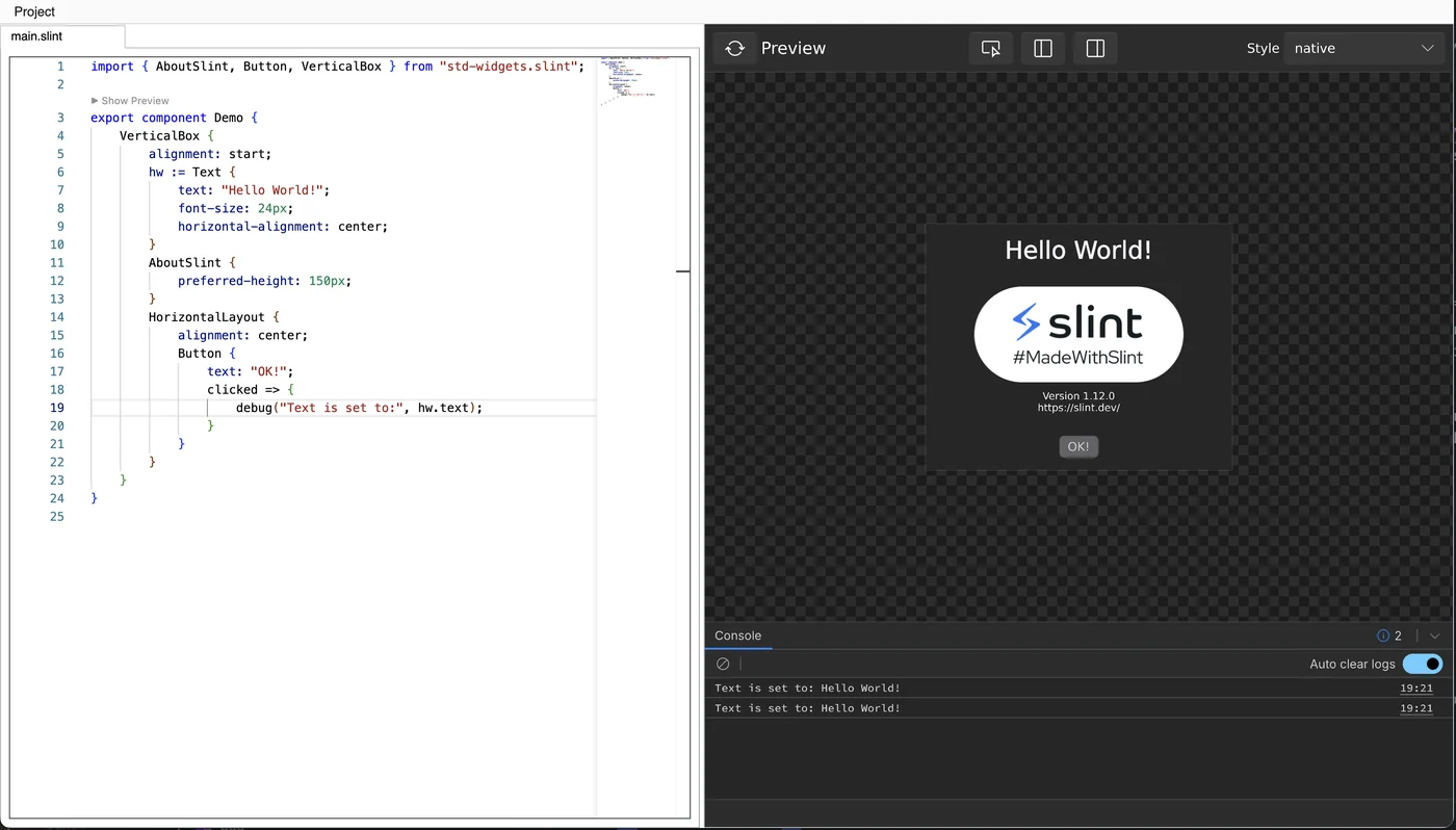 Screenshot of the debug console